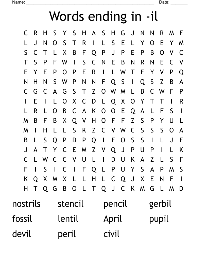 Words ending in -il Word Search