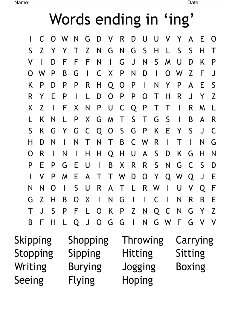 Words ending in ‘ing’ Word Search