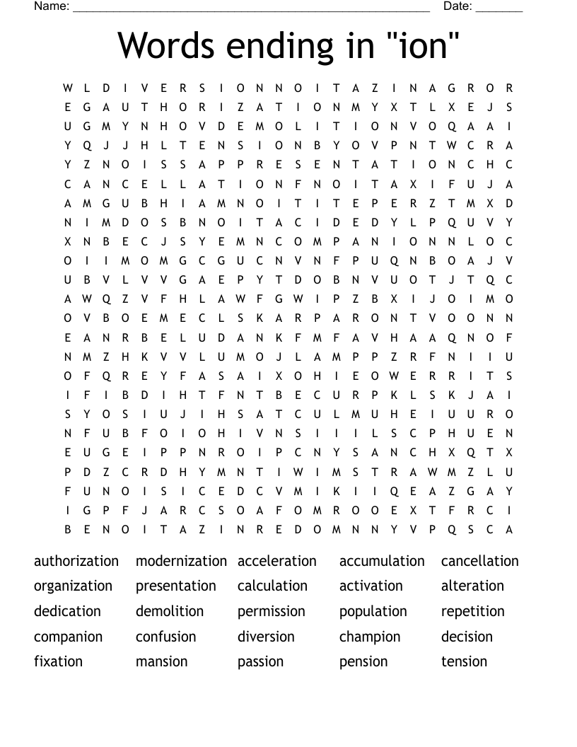 Words ending in "ion" Word Search