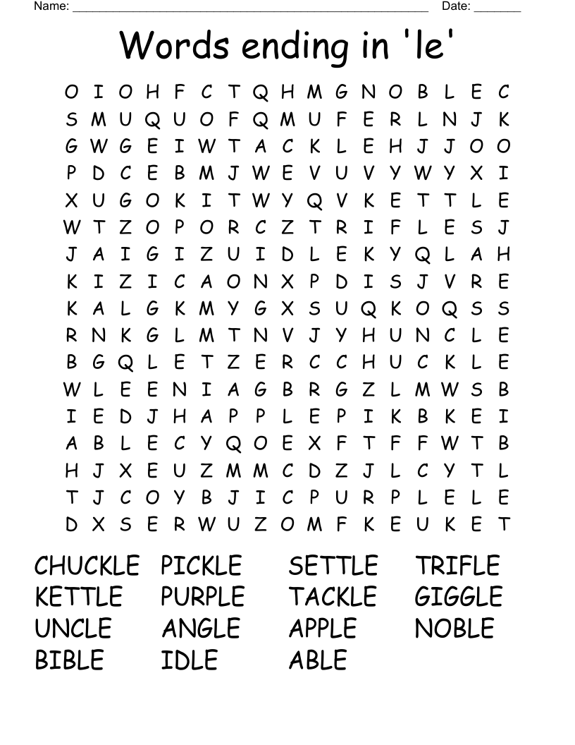 Words ending in 'le' Word Search