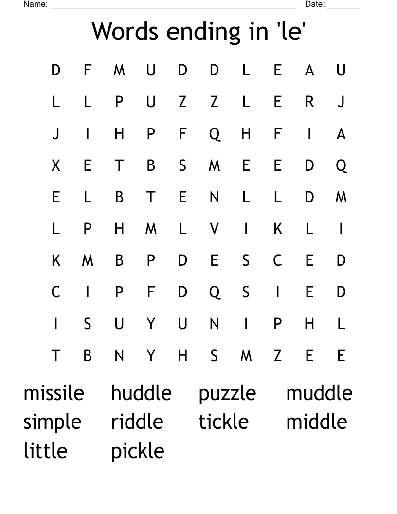 Words ending in 'le' Word Search