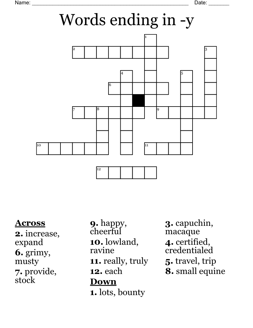 Words ending in -y Crossword