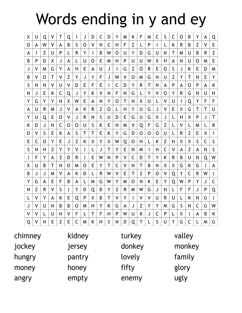 Words ending in y and ey Word Search