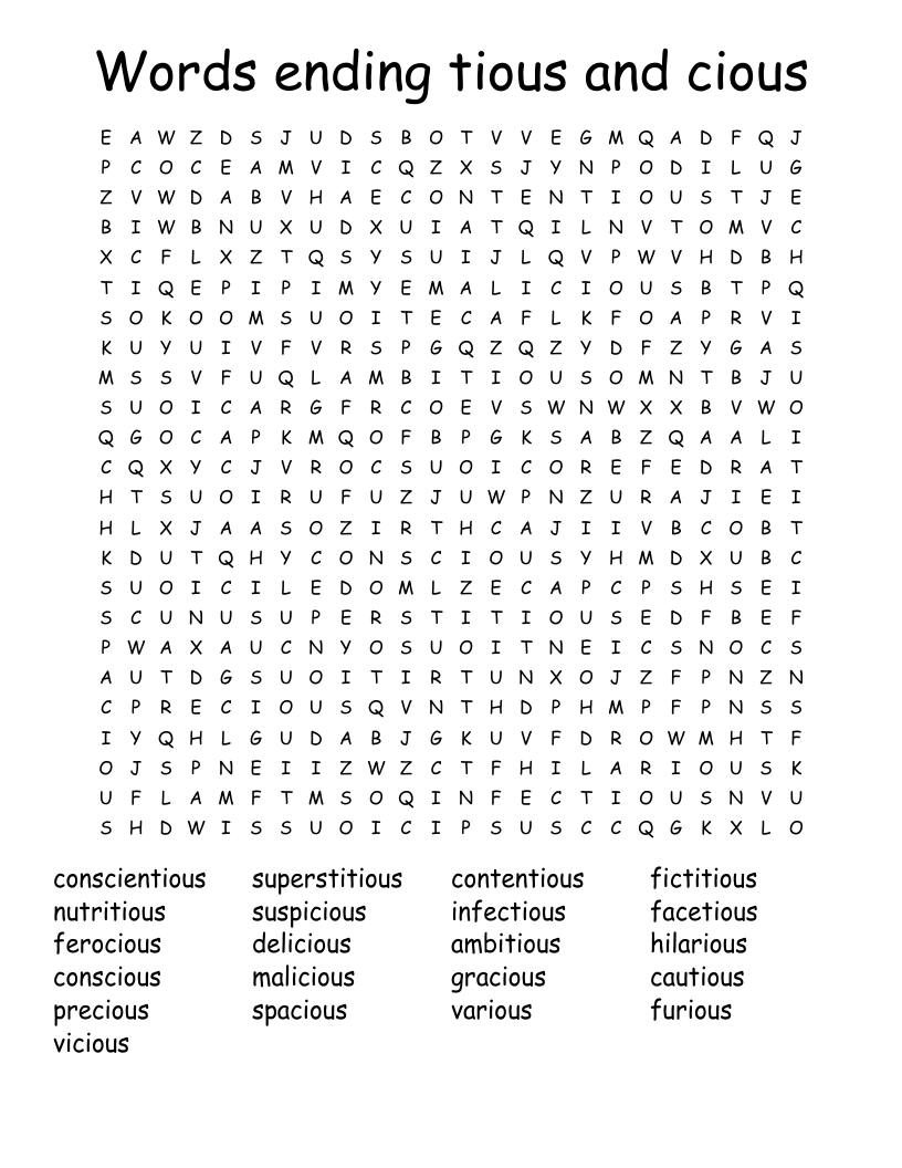 Words ending tious and cious Word Search