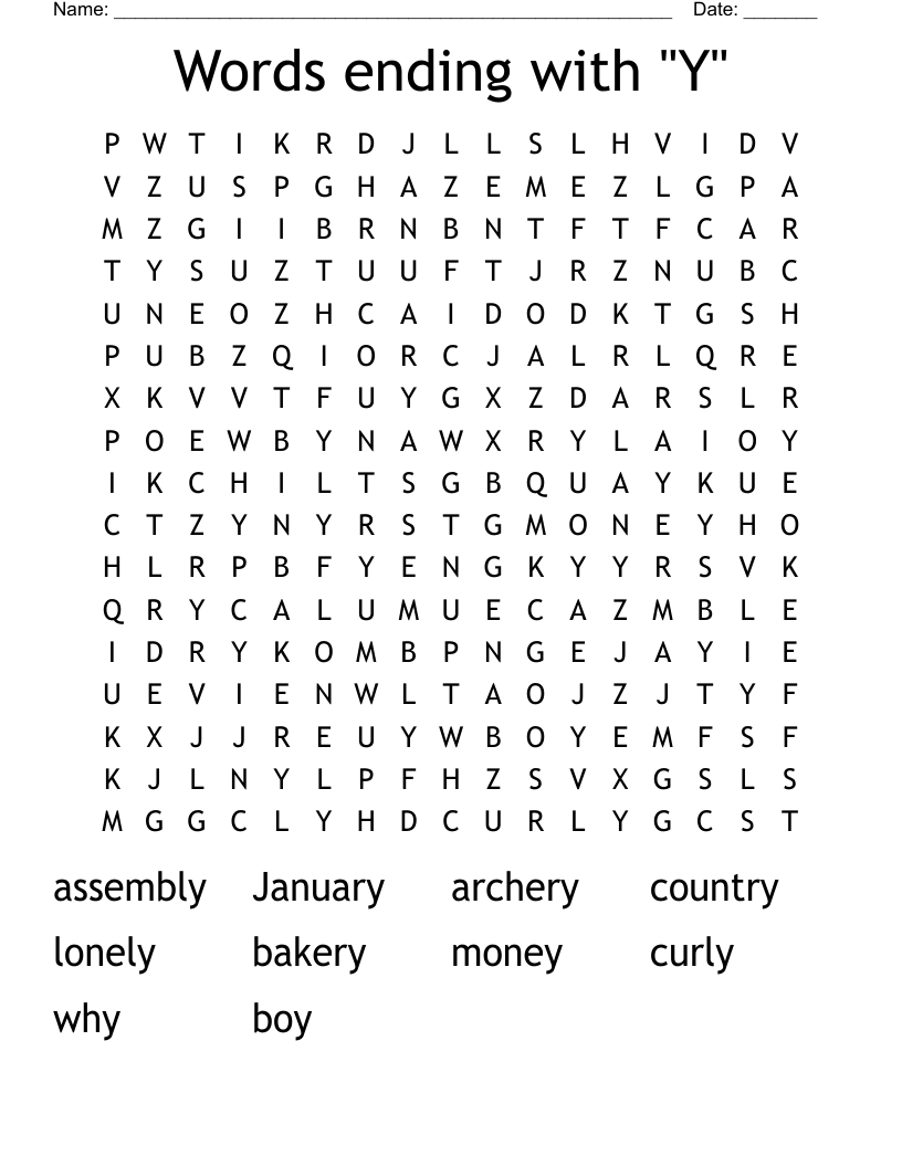 Words ending with "Y" Word Search