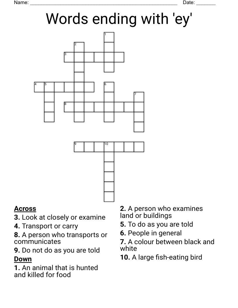 Words ending with 'ey' Crossword