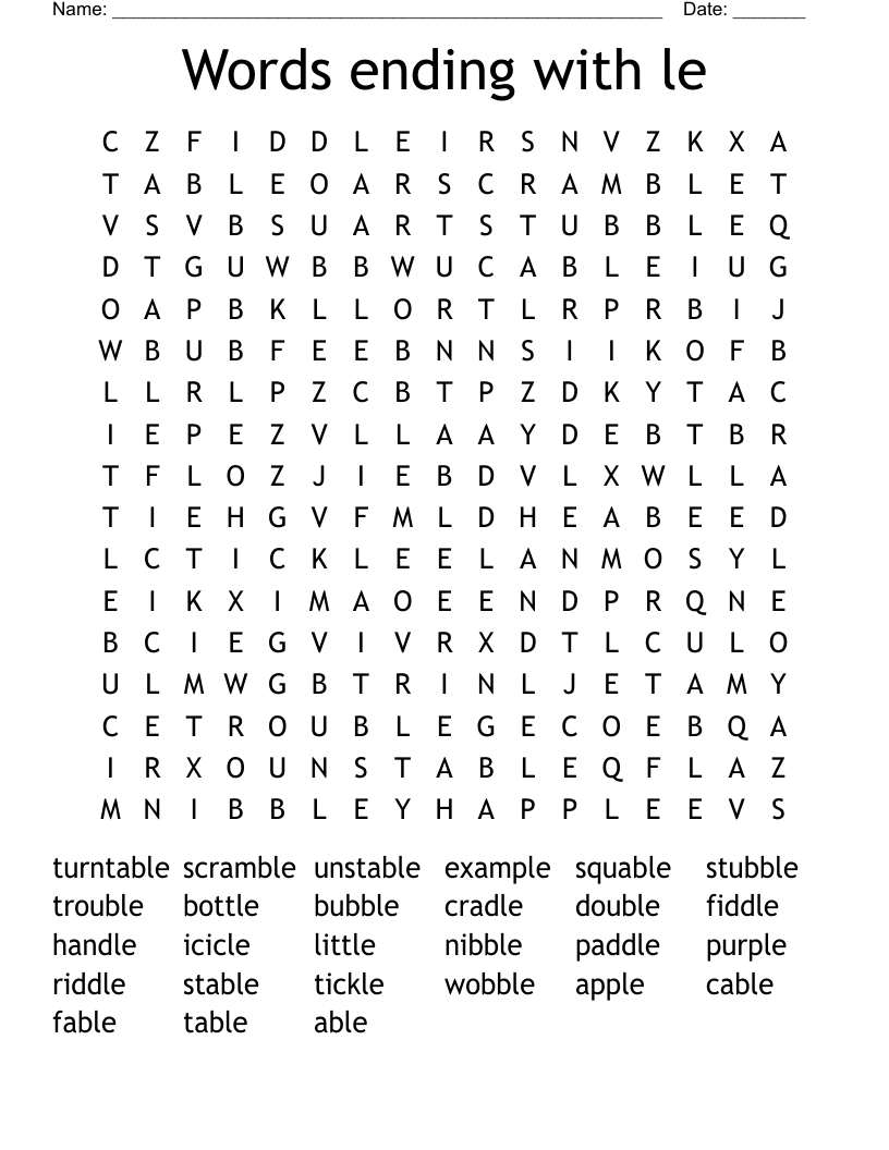 Words ending with le Word Search