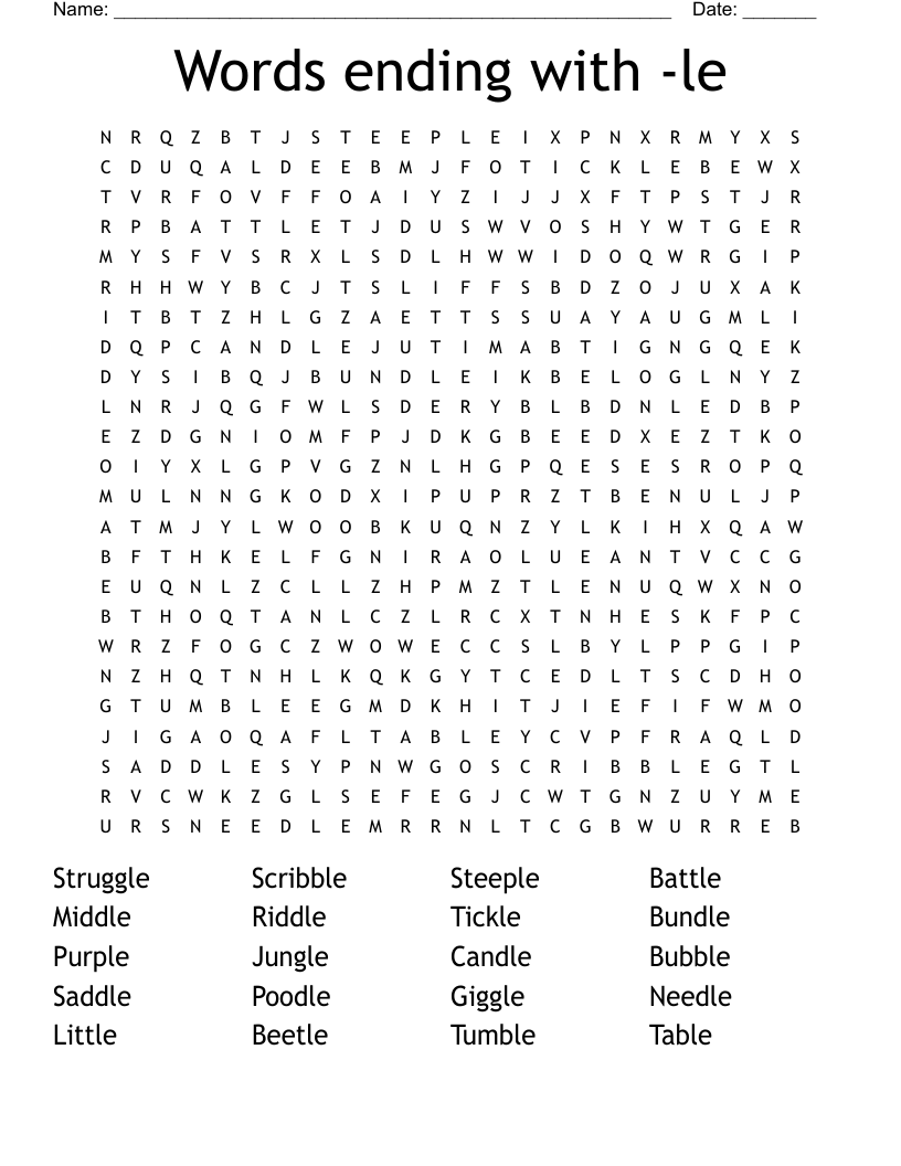Words ending with -le Word Search