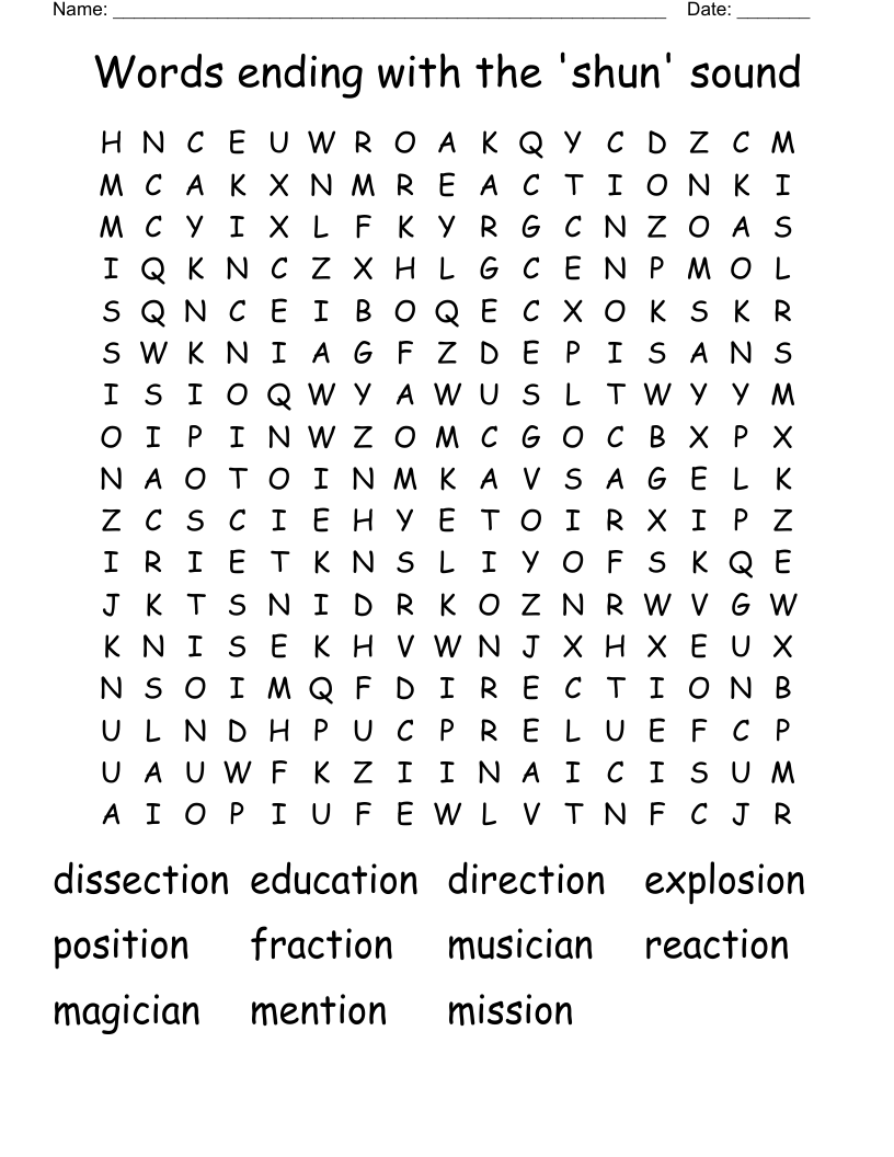 Words ending with the 'shun' sound Word Search