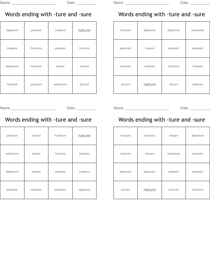 Words ending with -ture and -sure Bingo Cards