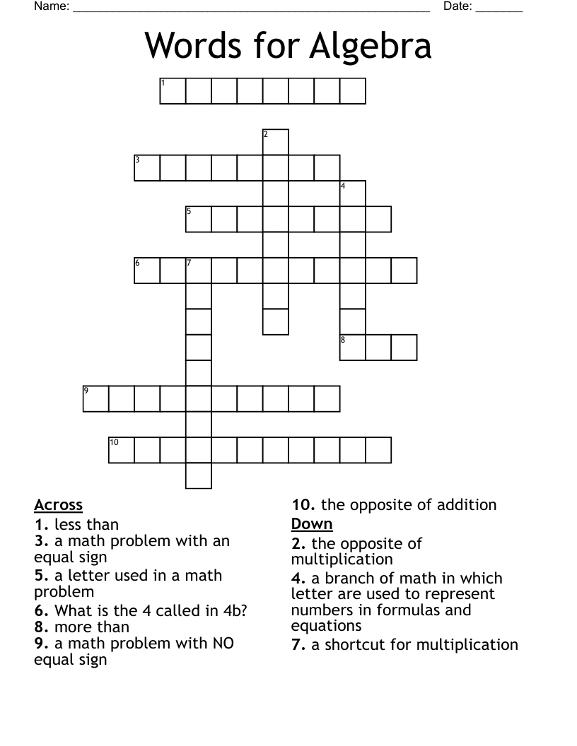 Words for Algebra Crossword