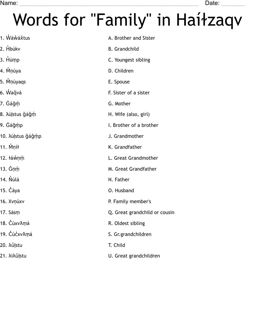 Words for "Family" in Haíɫzaqv Worksheet