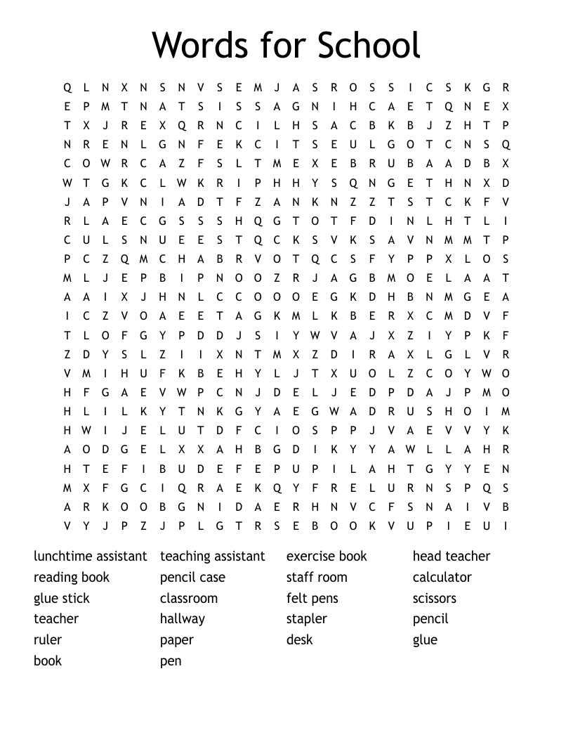 Words for School Word Search