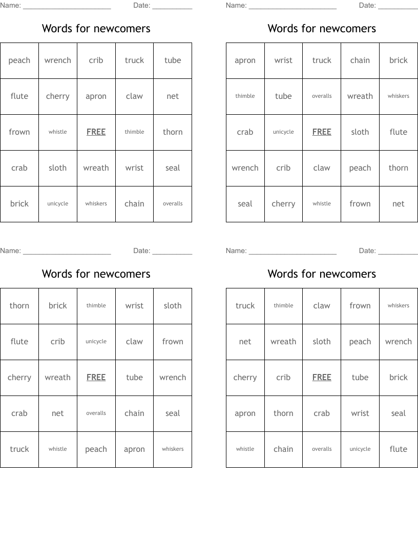 Words for newcomers Bingo Cards