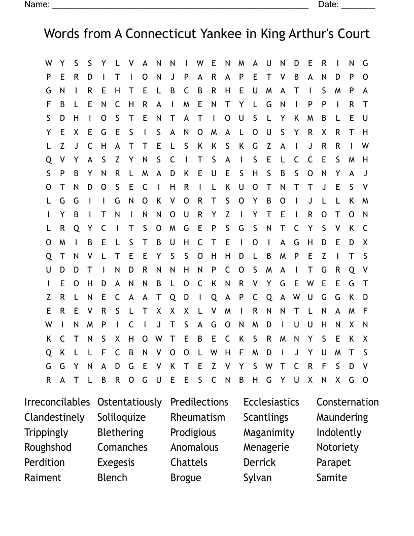 Words from A Connecticut Yankee in King Arthur's Court Word Search