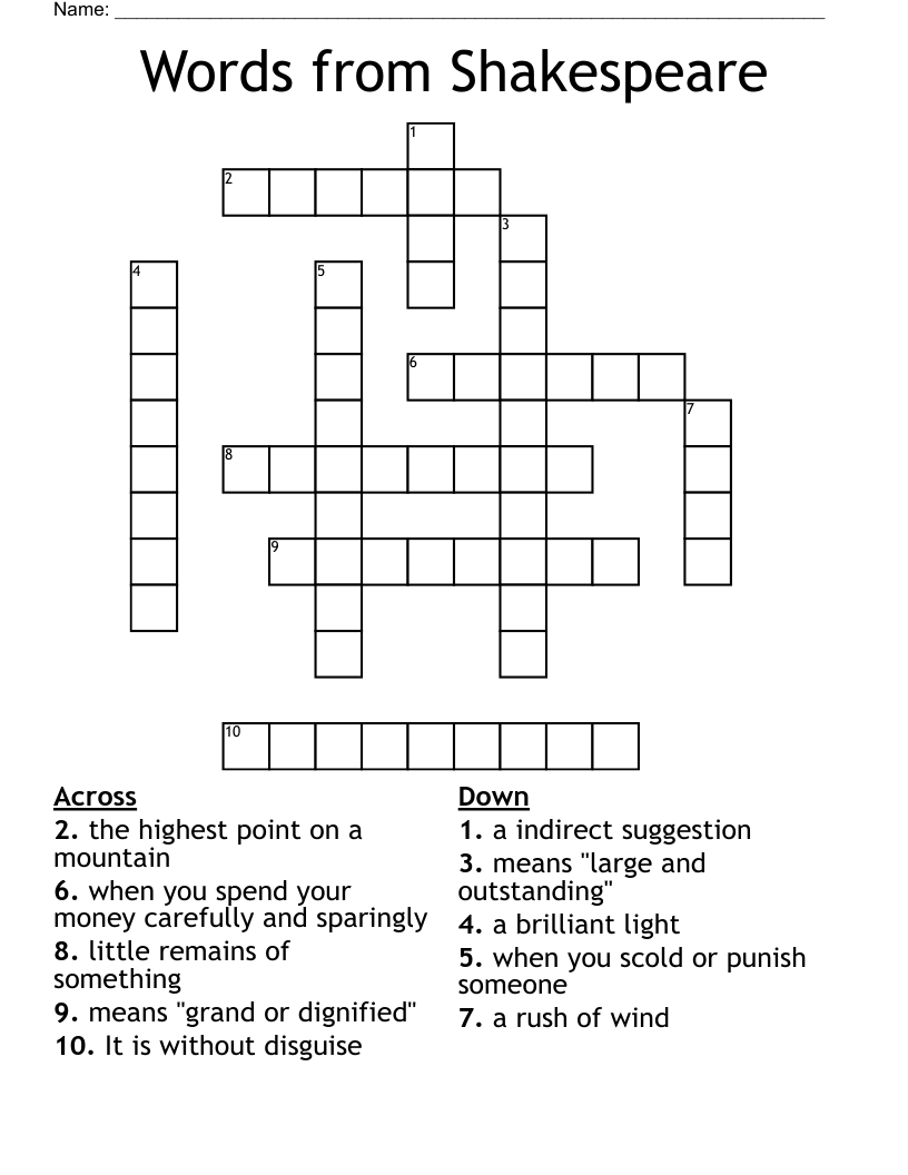 Words from Shakespeare Crossword