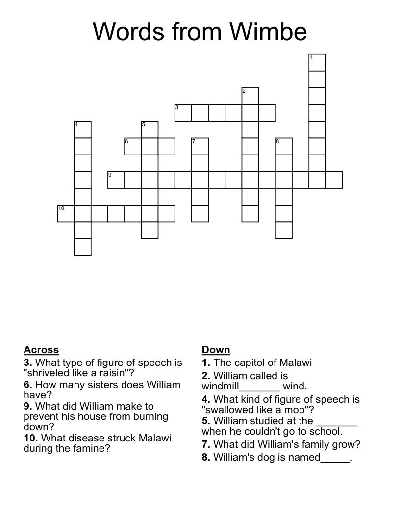 Words from Wimbe Crossword