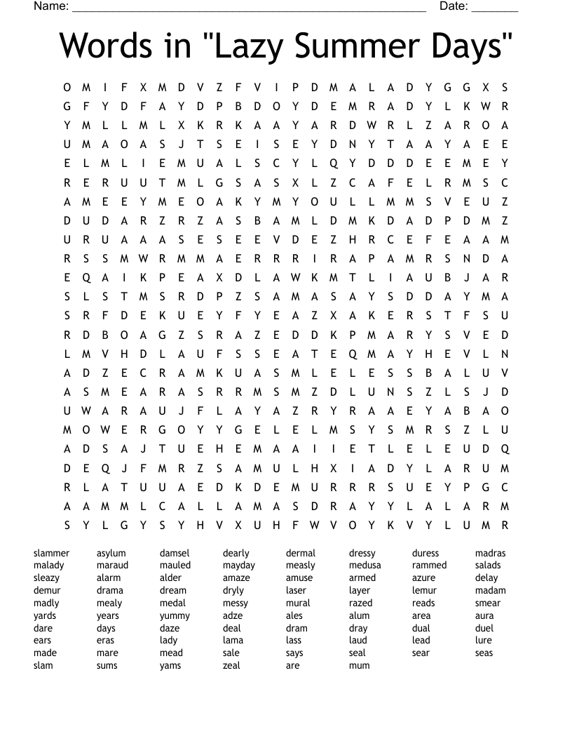 Words in "Lazy Summer Days" Word Search