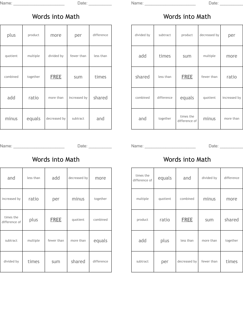 Words into Math Bingo Cards