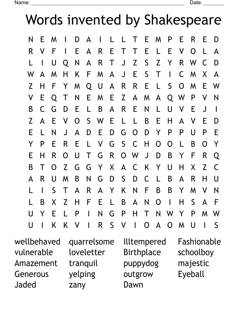 Words invented by Shakespeare Word Search