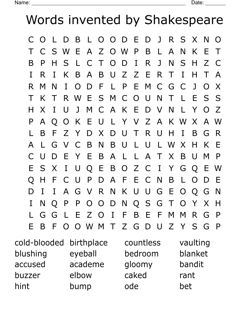 Words invented by Shakespeare Word Search