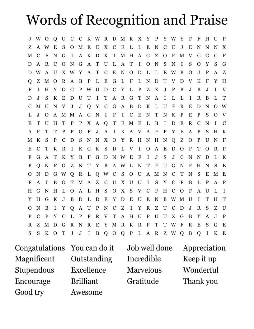 Words of Recognition and Praise Word Search