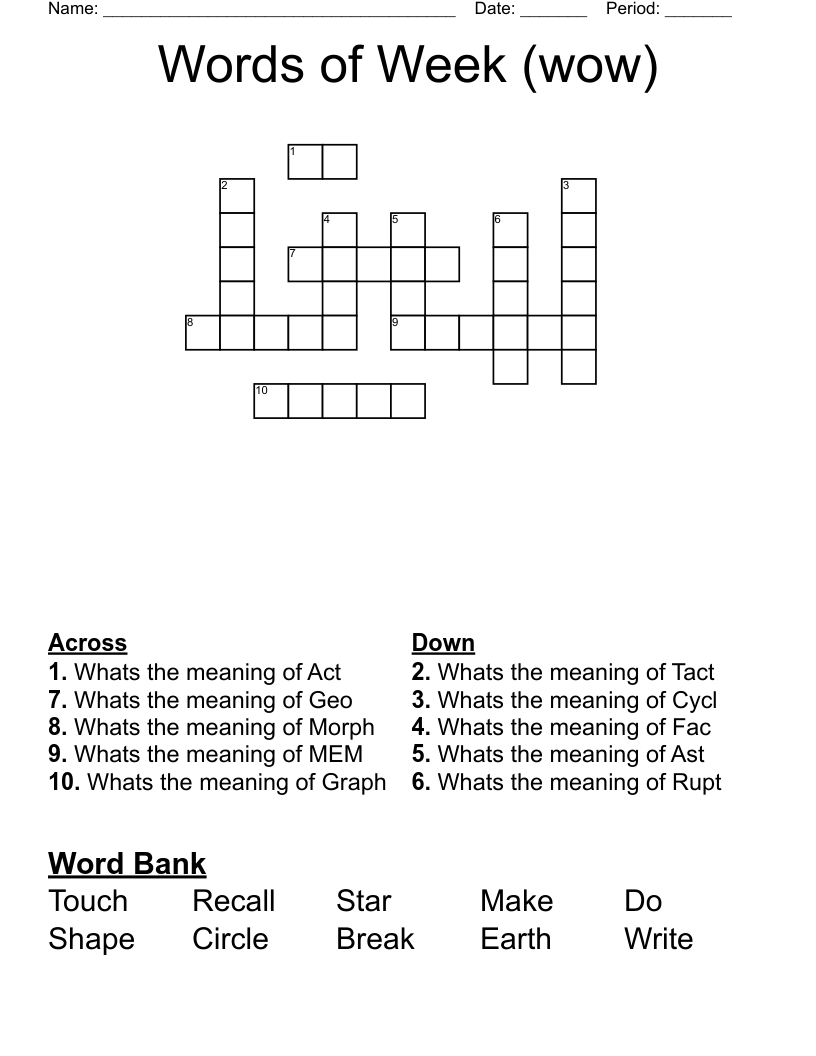 Words of Week (wow) Crossword