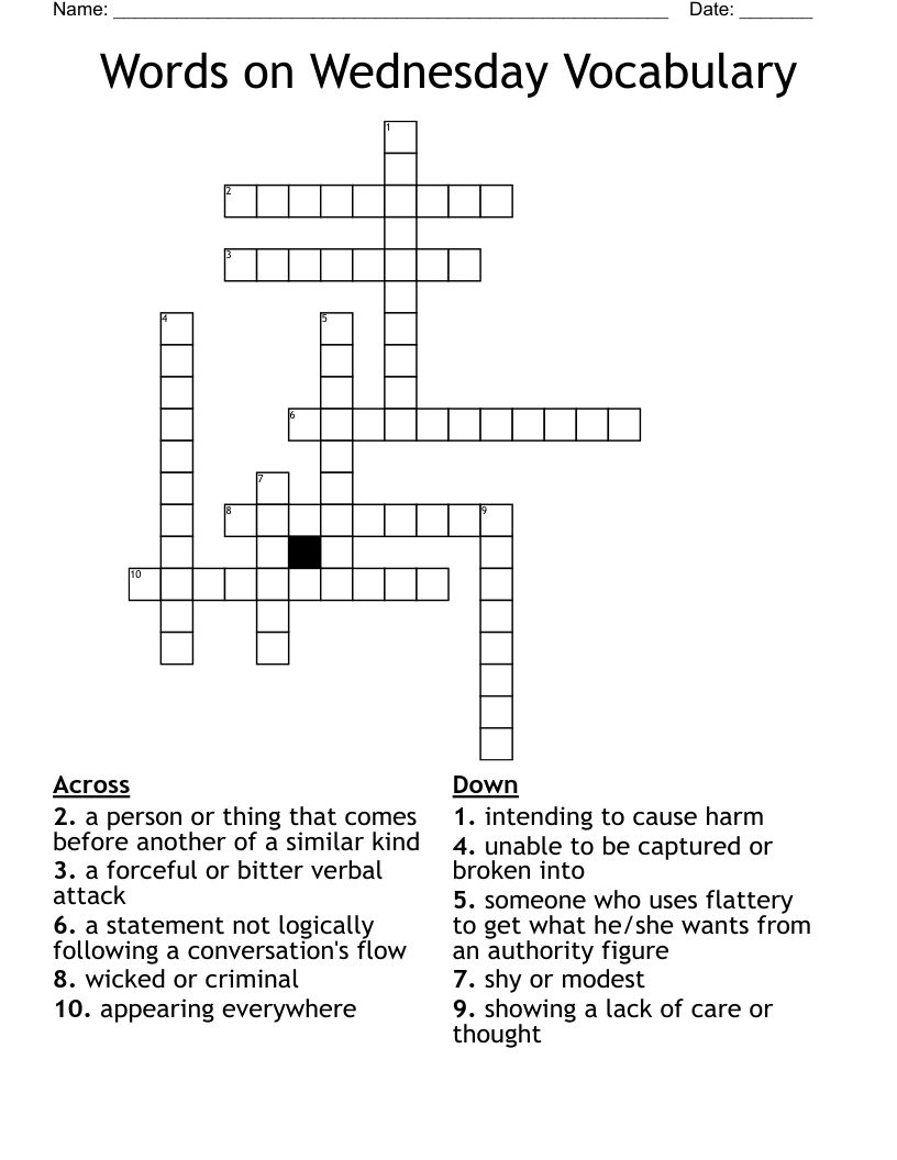 Words on Wednesday Vocabulary  Crossword