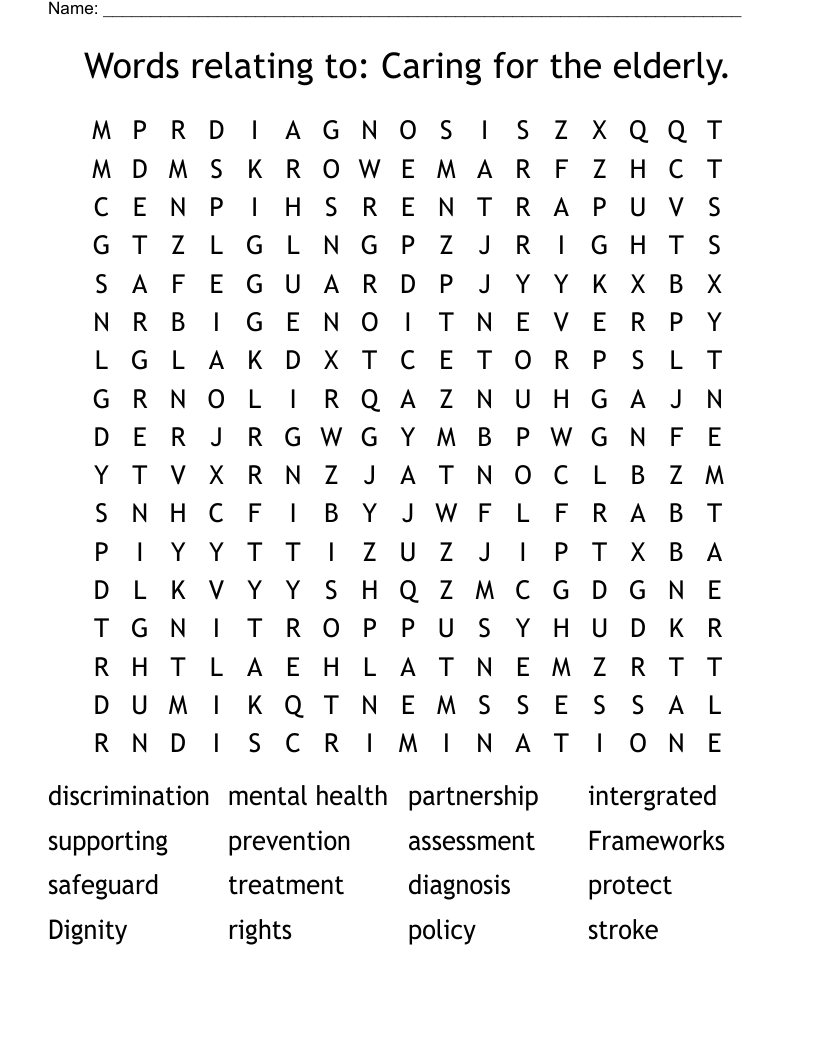 Words relating to: Caring for the elderly. Word Search