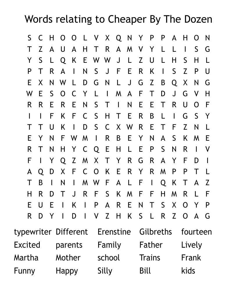Words relating to Cheaper By The Dozen Word Search