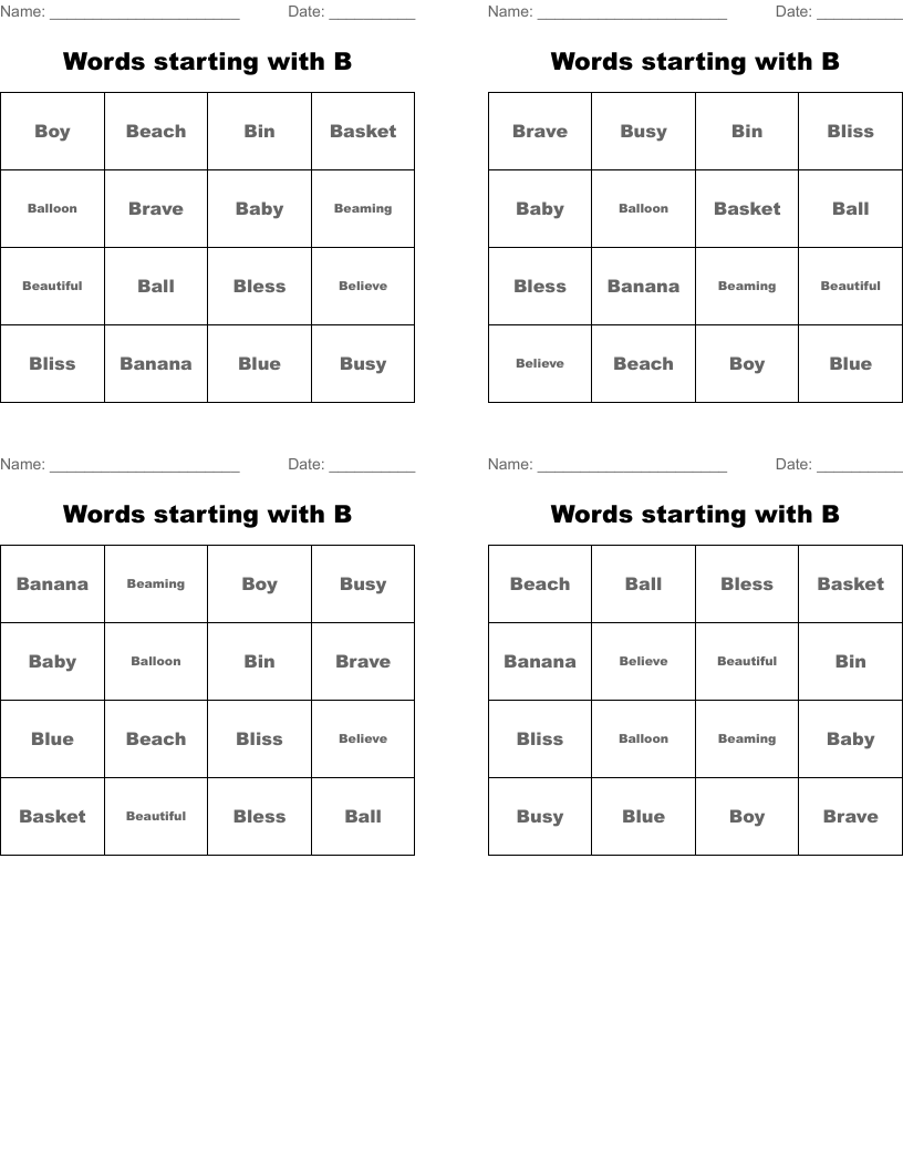 Words starting with B Bingo Cards