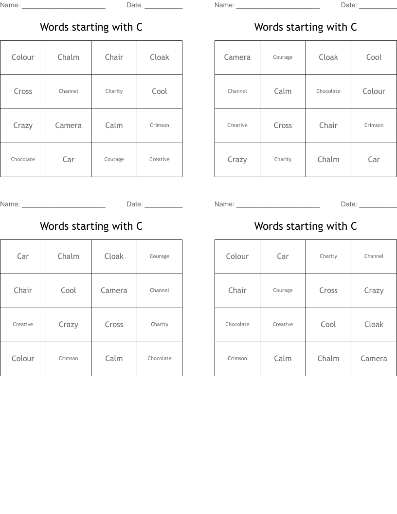 Words starting with C Bingo Cards