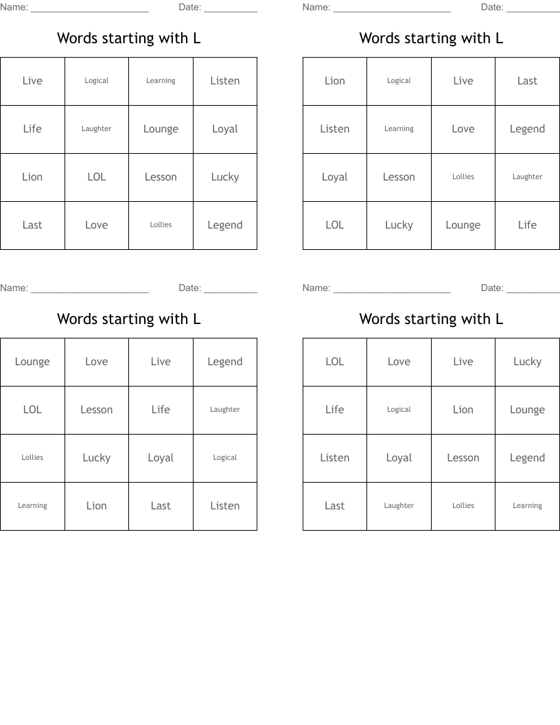 Words starting with L Bingo Cards