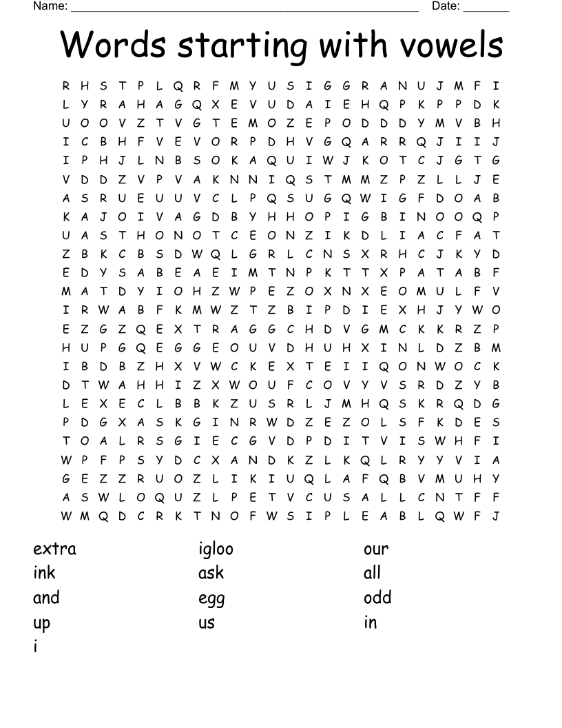 Words starting with vowels Word Search