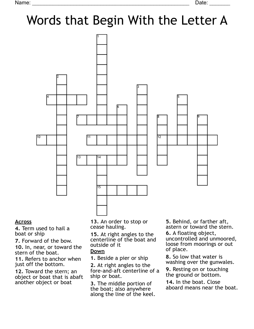 Words that Begin With the Letter A Crossword