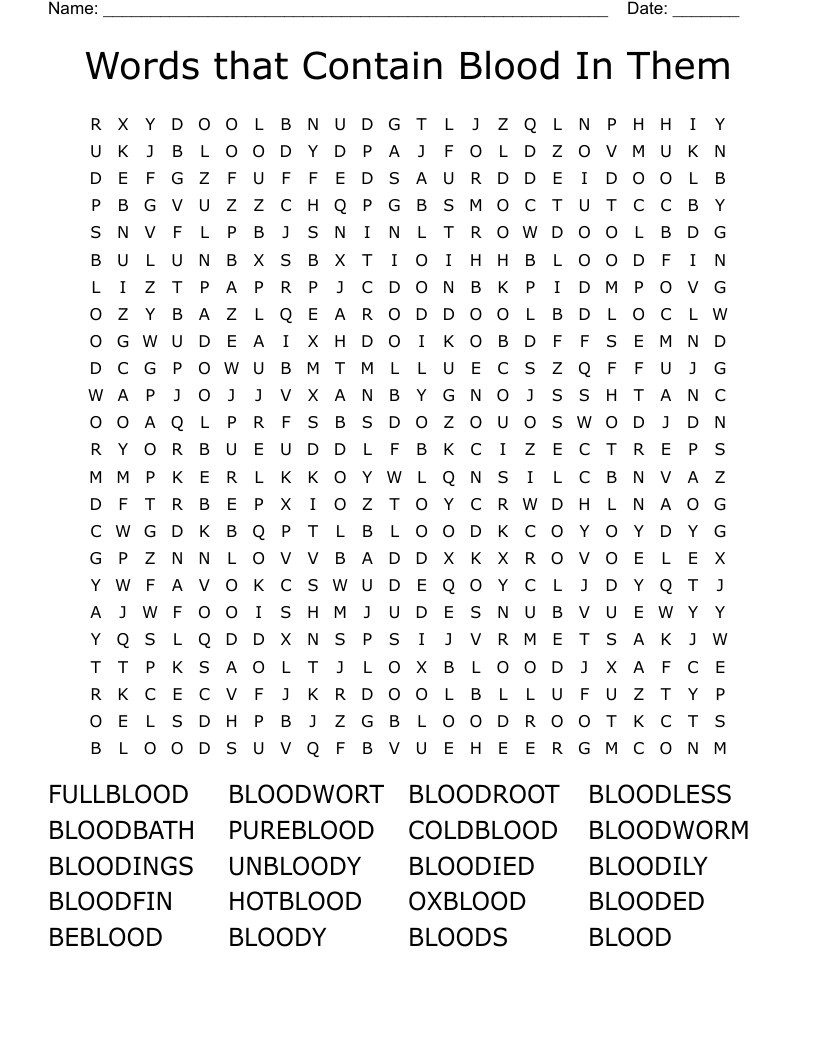 Words that Contain Blood In Them Word Search