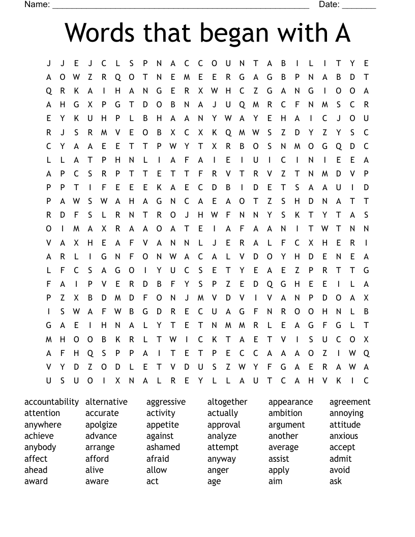 Words that began with A Word Search