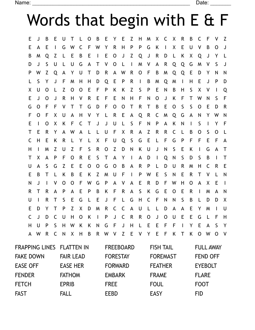 Words that begin with E & F Word Search