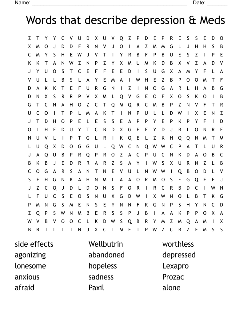 Words that describe depression & Meds Word Search