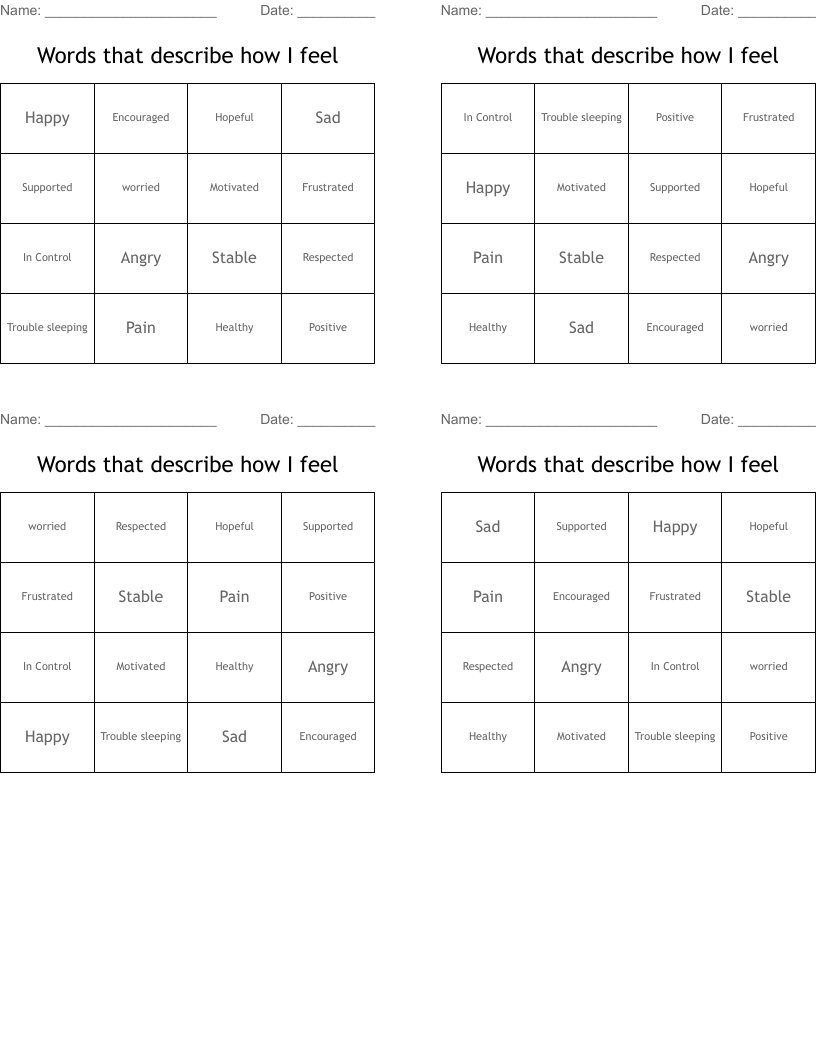 Words that describe how I feel Bingo Cards