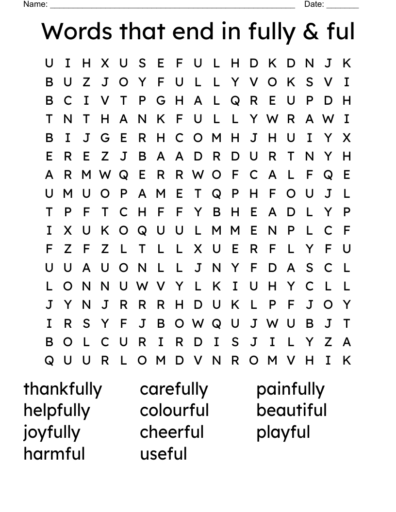 Words that end in fully & ful Word Search