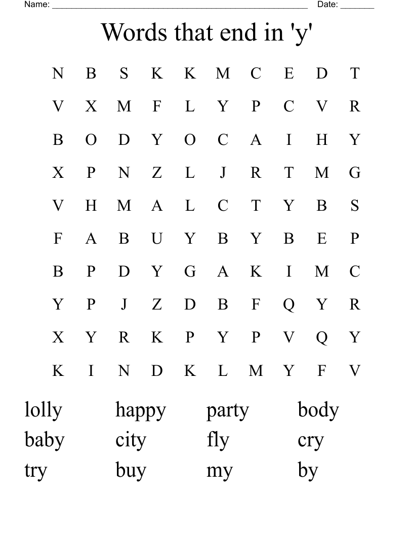 Words that end in 'y' Word Search