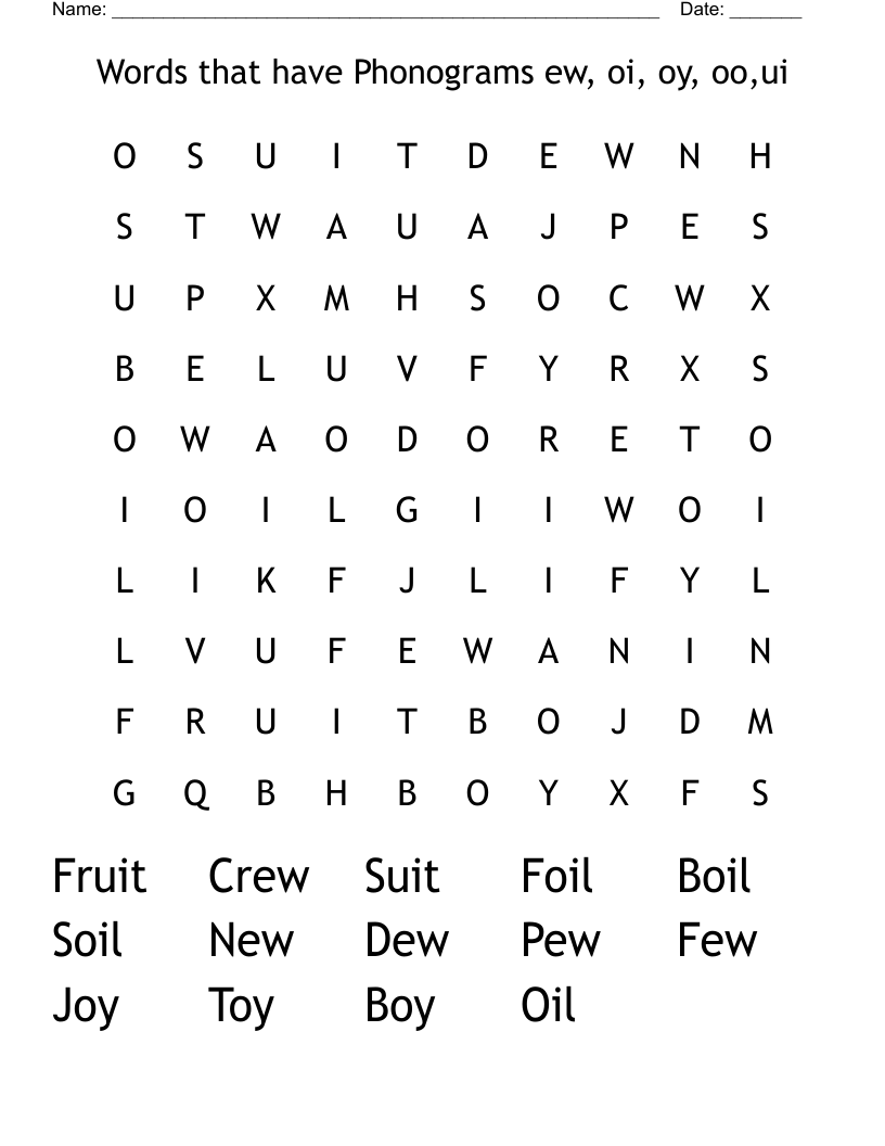 Words that have Phonograms ew, oi, oy, oo,ui  Word Search