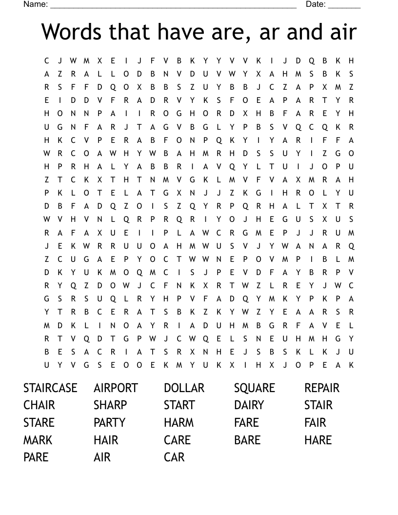 Words that have are, ar and air Word Search