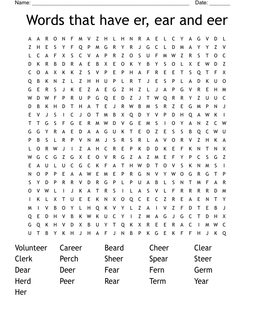 Words that have er, ear and eer Word Search