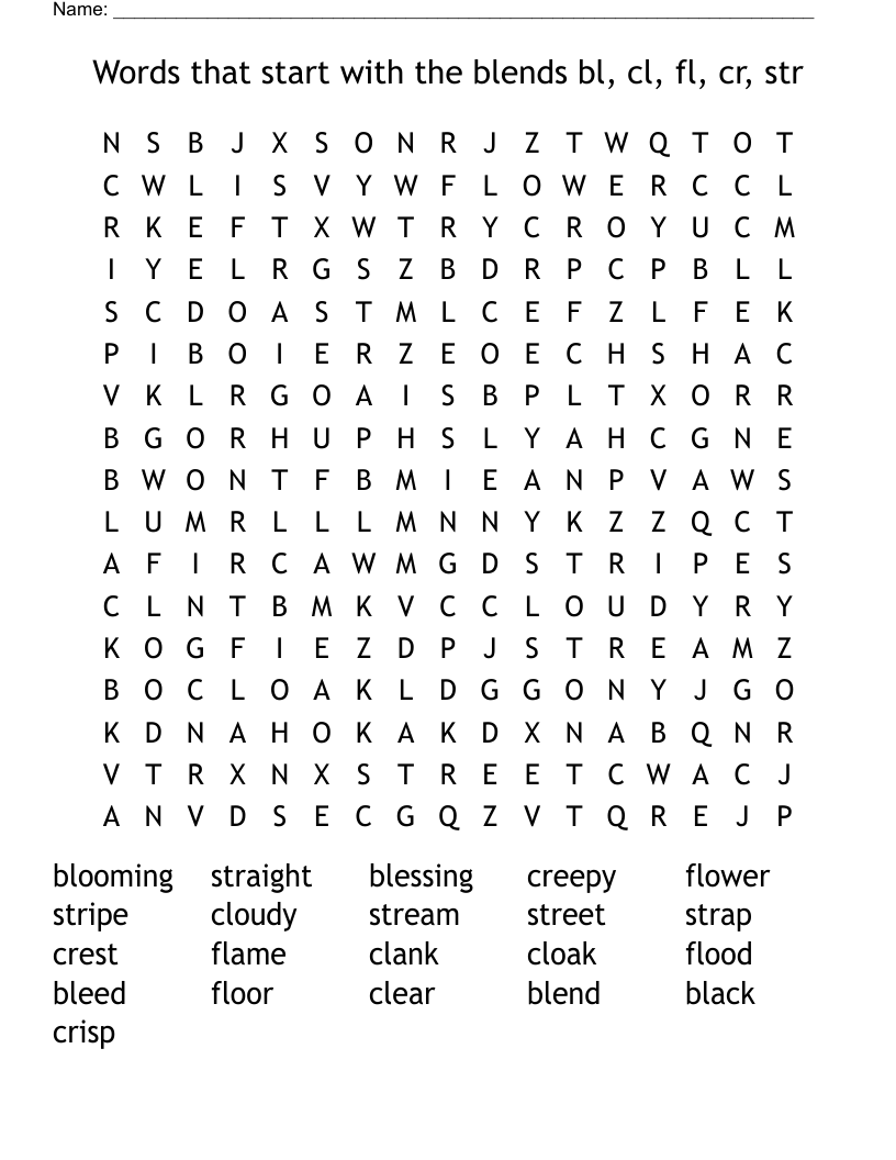 Words that start with the blends bl, cl, fl, cr, str Word Search