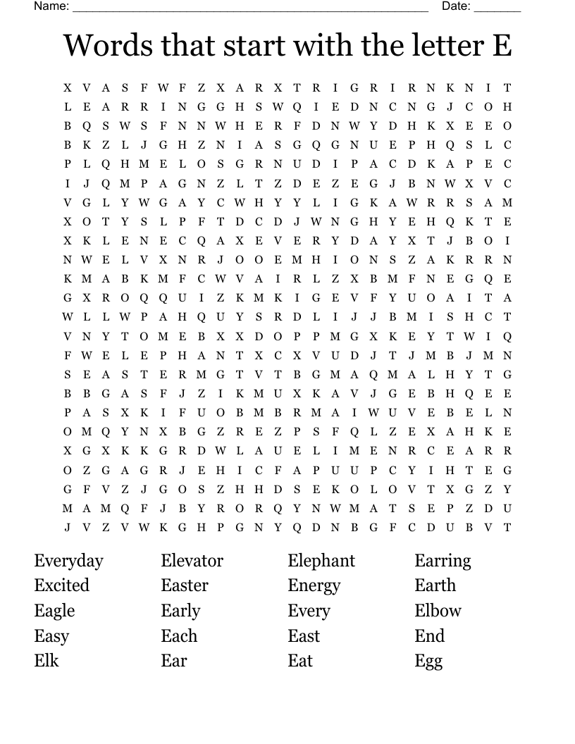 Words that start with the letter E  Word Search