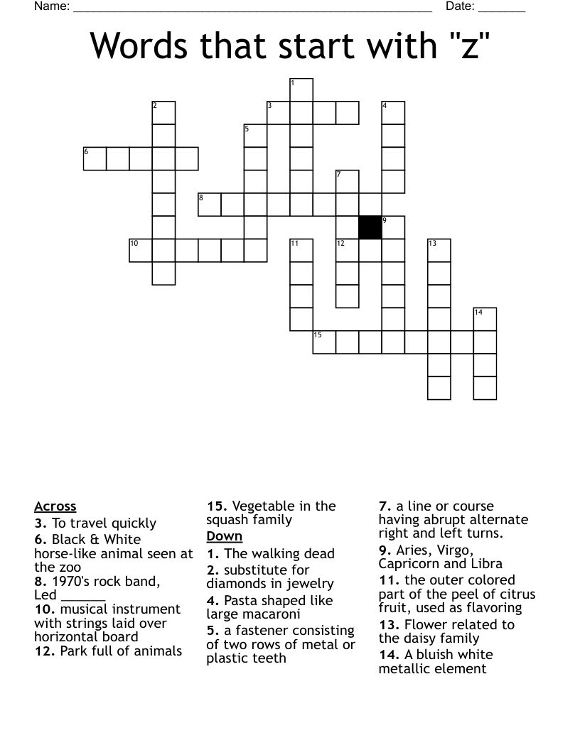 Words that start with "z" Crossword