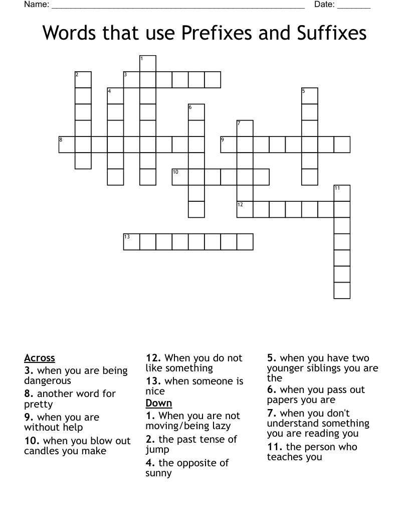 Words that use Prefixes and Suffixes Crossword