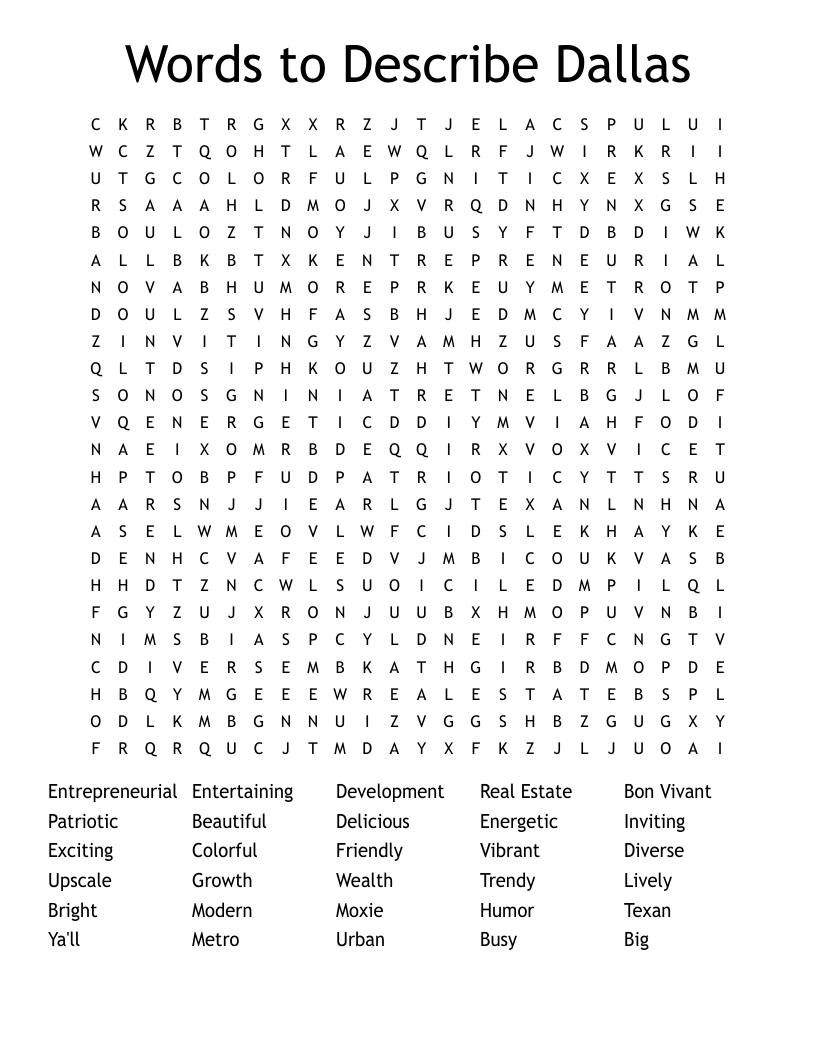 Words to Describe Dallas Word Search
